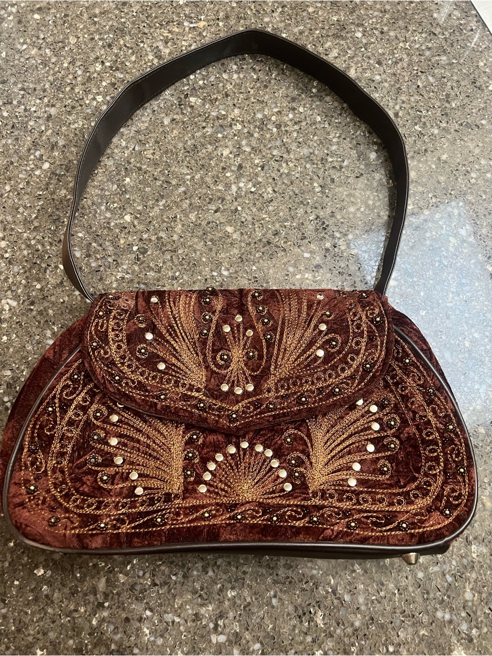Embroidered Brown Velvet Shoulder Bag Ornate Copper-Toned Metallic Embroidery